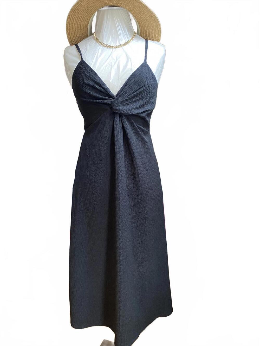 H&M Black Midi Dress with Twist Front and Spaghetti Straps Size Small